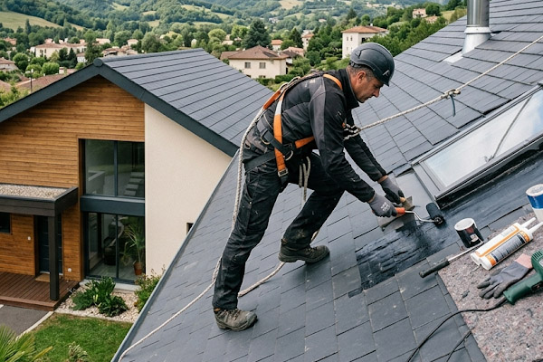 Couvreur professionnel sécurisé par une corde sur un toit en ardoises inspectant l'étanchéité d'une fenêtre de toit Velux
