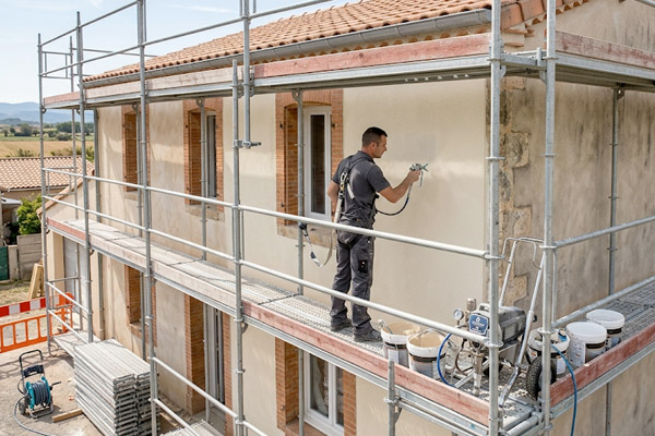 Peintre en bâtiment appliquant un revêtement beige clair au pistolet pulvérisateur airless sur la façade d'un pavillon